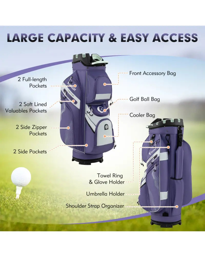 Molded Lock Top Golf Cart Bag with 14-Way Full Length Dividers and 11 Pockets-Purple - Purple - Golf