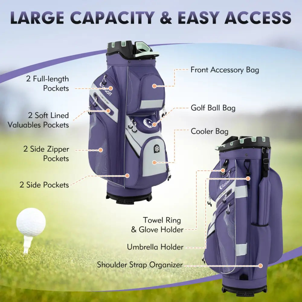 Molded Lock Top Golf Cart Bag with 14-Way Full Length Dividers and 11 Pockets-Purple - Purple - Golf