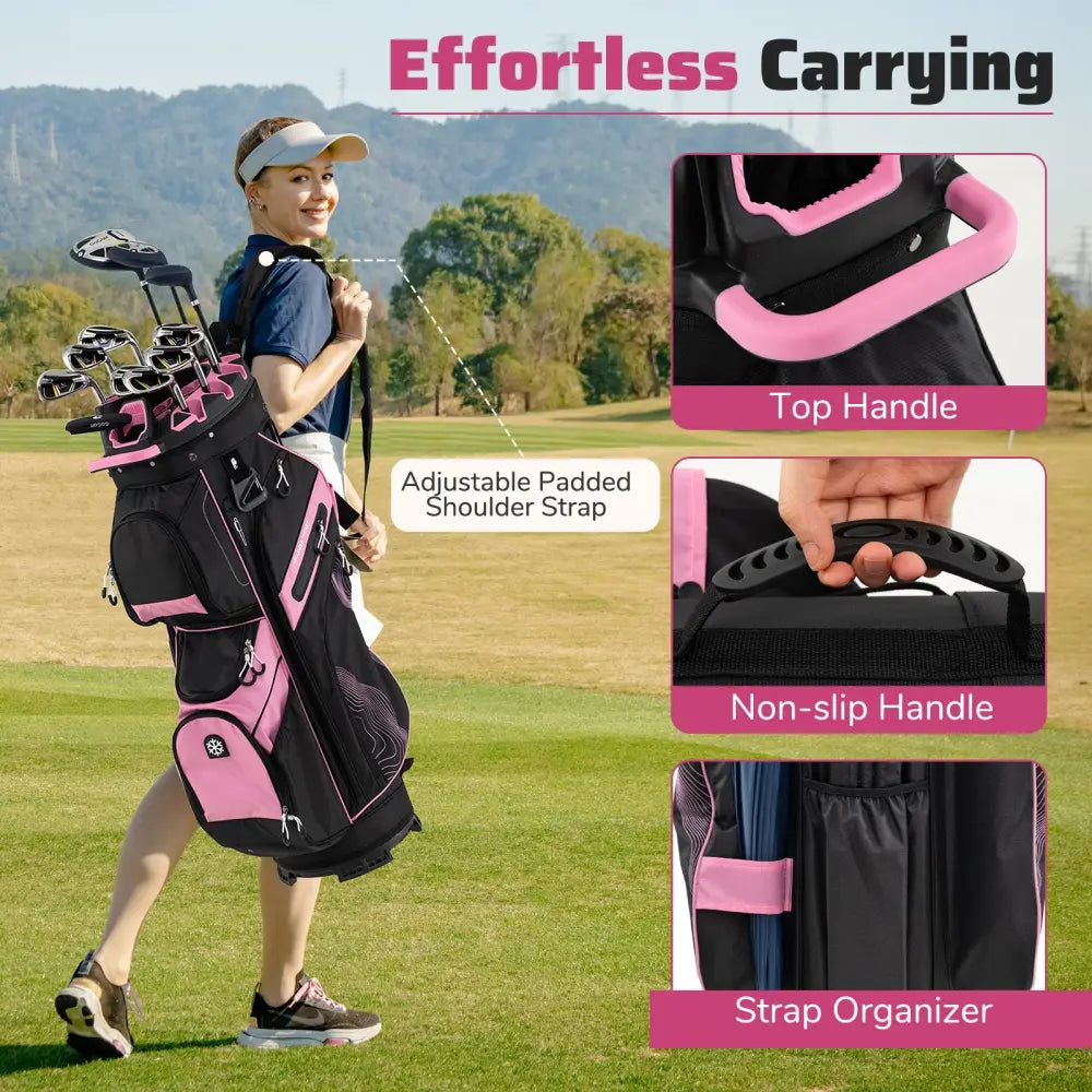 Molded Lock Top Golf Cart Bag with 14-Way Full Length Dividers and 11 Pockets-Pink - Pink - Golf