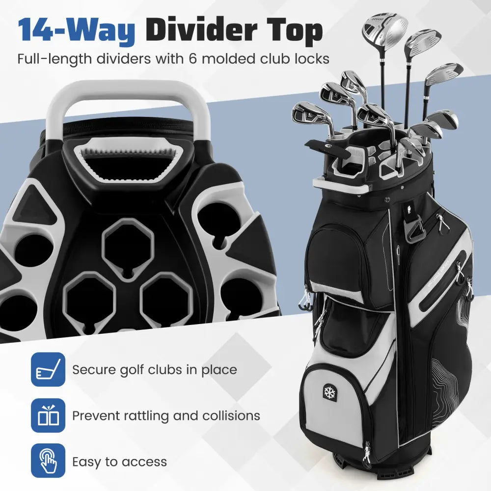 Molded Lock Top Golf Cart Bag with 14-Way Full Length Dividers and 11 Pockets-Gray - Gray - Golf