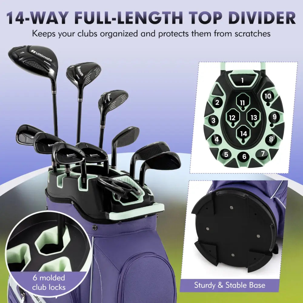 Molded Lock Top Golf Cart Bag with 14-Way Full Length Dividers and 11 Pockets-Purple - Purple - Golf