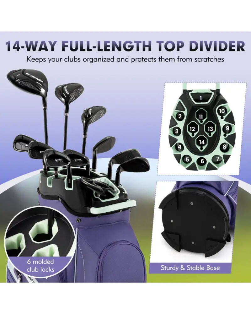 Molded Lock Top Golf Cart Bag with 14-Way Full Length Dividers and 11 Pockets-Purple - Purple - Golf