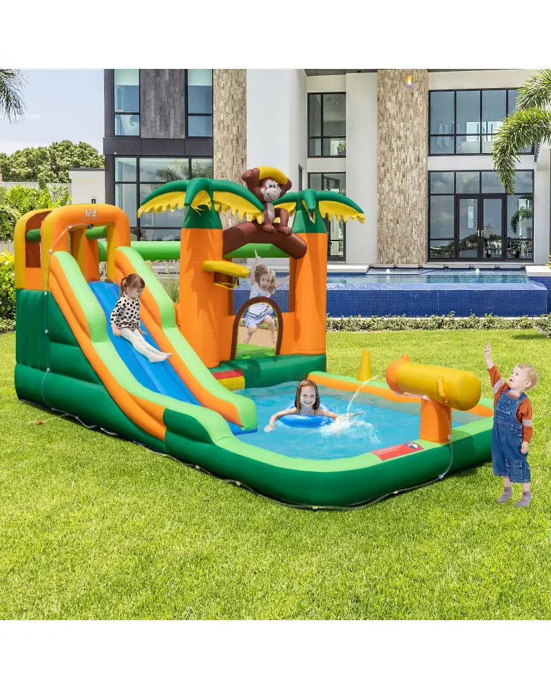 Monkey-Themed Inflatable Bounce House with Slide without Blower - Multicolor - Inflatable Water Slides