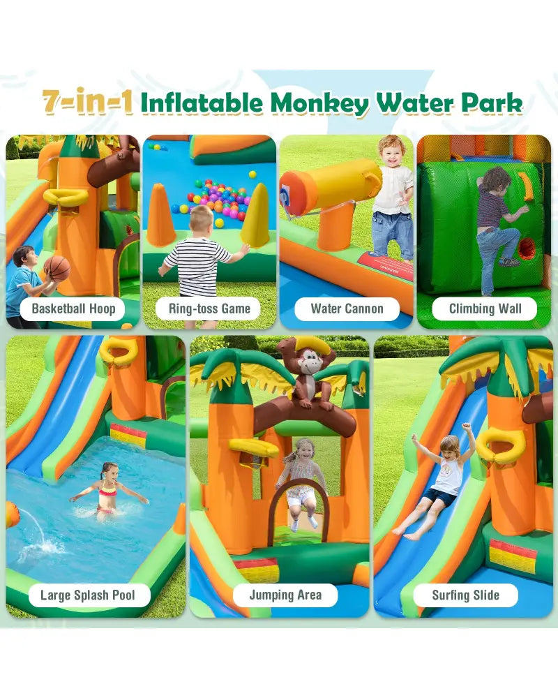 Monkey-Themed Inflatable Bounce House with Slide without Blower - Multicolor - Inflatable Water Slides
