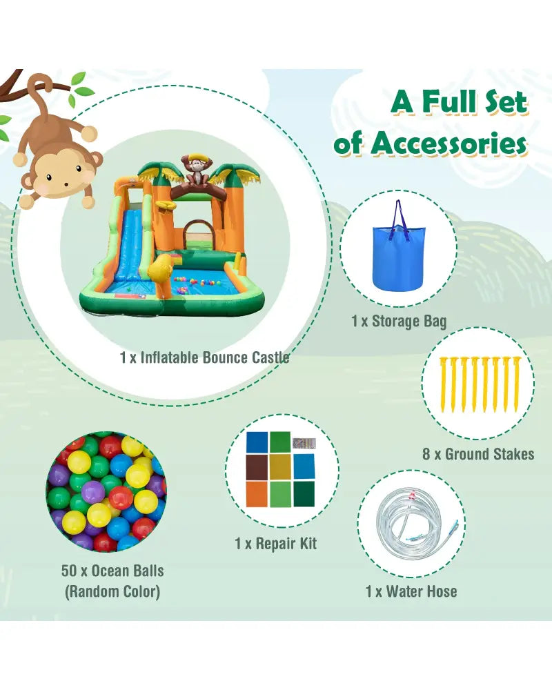 Monkey-Themed Inflatable Bounce House with Slide without Blower - Multicolor - Inflatable Water Slides