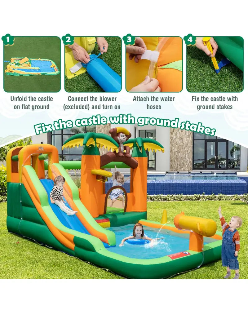 Monkey-Themed Inflatable Bounce House with Slide without Blower - Multicolor - Inflatable Water Slides