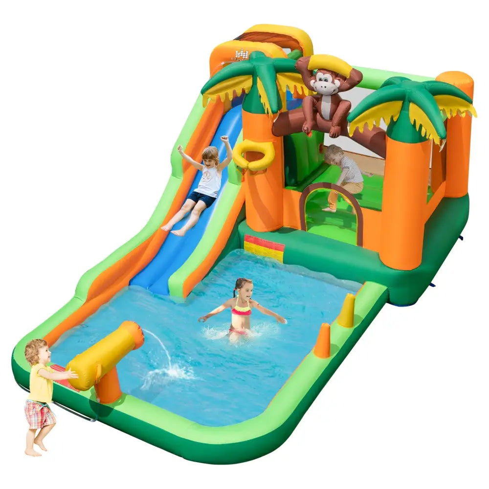 Monkey-Themed Inflatable Bounce House with Slide without Blower - Multicolor - Inflatable Water Slides