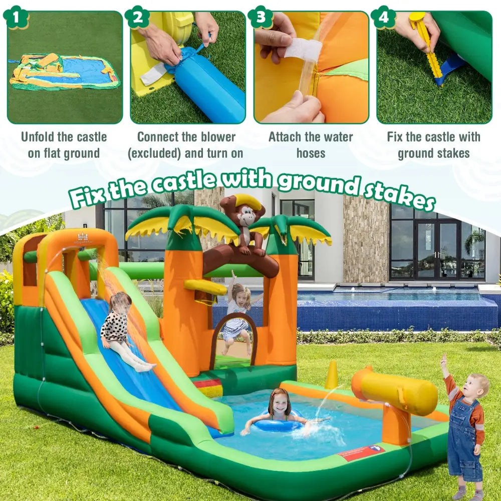 Monkey-Themed Inflatable Bounce House with Slide without Blower - Multicolor - Inflatable Water Slides