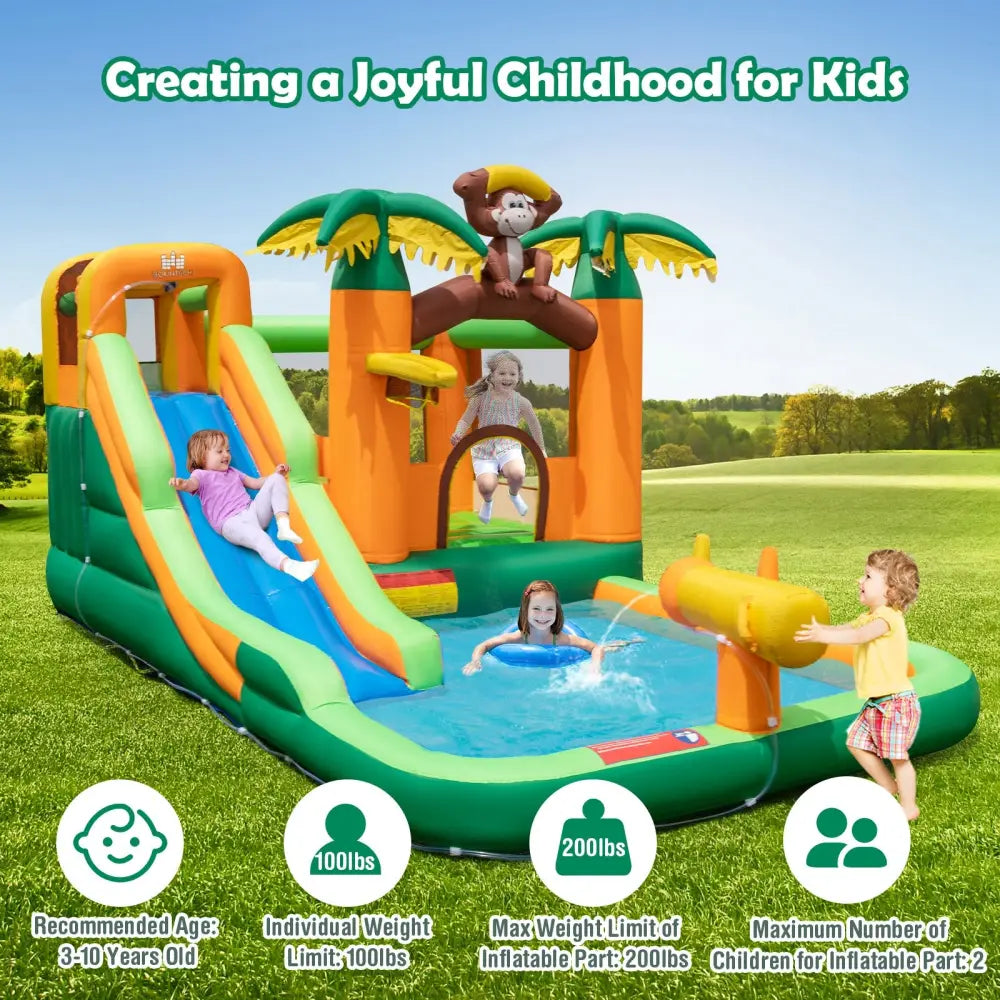 Monkey-Themed Inflatable Bounce House with Slide without Blower - Multicolor - Inflatable Water Slides