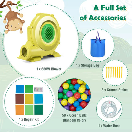 Monkey-Themed Inflatable Water Slide with Jumping Area and Pool with 680W Blower - Multicolor - Inflatable Water Slides