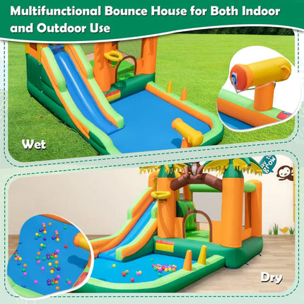 Monkey-Themed Inflatable Water Slide with Jumping Area and Pool with 680W Blower - Multicolor - Inflatable Water Slides
