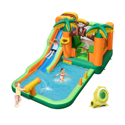 Monkey-Themed Inflatable Water Slide with Jumping Area and Pool with 680W Blower - Multicolor - Inflatable Water Slides