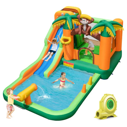 Monkey-Themed Inflatable Water Slide with Jumping Area and Pool with 680W Blower - Multicolor - Inflatable Water Slides
