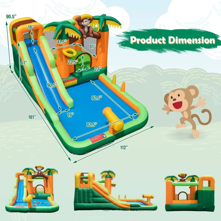 Monkey-Themed Inflatable Water Slide with Jumping Area and Pool with 680W Blower - Multicolor - Inflatable Water Slides