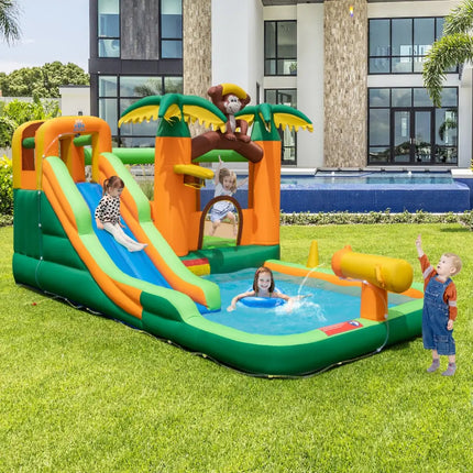 Monkey-Themed Inflatable Water Slide with Jumping Area and Pool with 680W Blower - Multicolor - Inflatable Water Slides