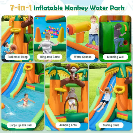 Monkey-Themed Inflatable Water Slide with Jumping Area and Pool with 680W Blower - Multicolor - Inflatable Water Slides