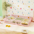 Montessori Bed Frame with Full-length Guardrails Safety Door and Latch-Pink - Pink - Toddler Beds