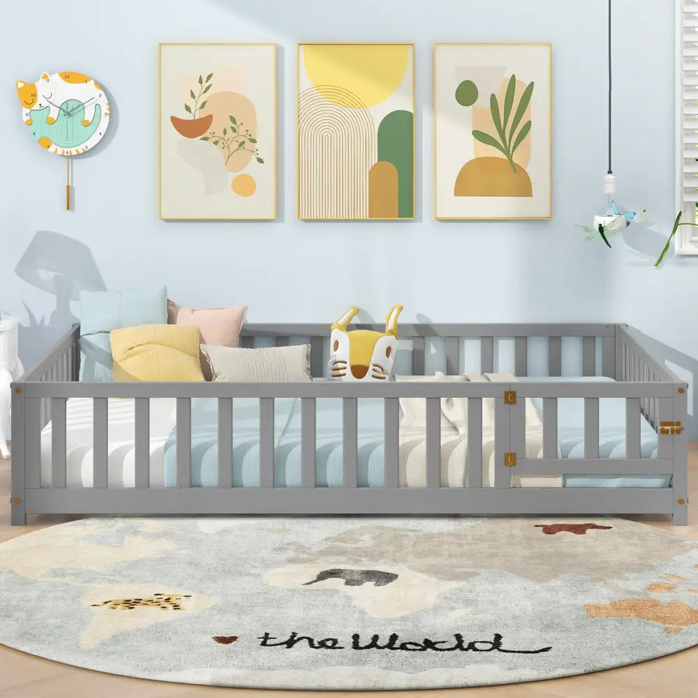 Montessori Bed Frame with Full-length Guardrails Safety Door and Latch-Gray - Gray - Toddler Beds