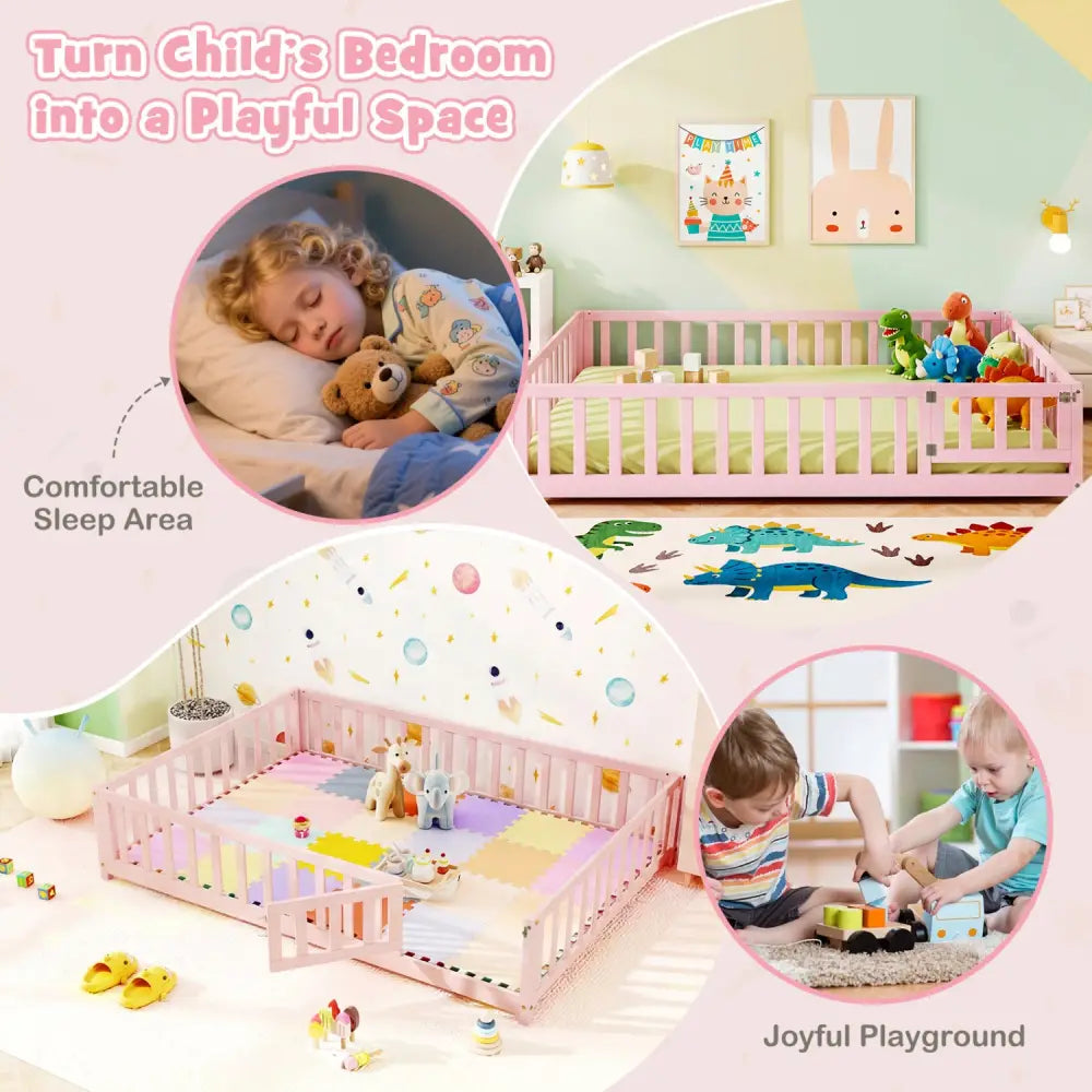 Montessori Bed Frame with Full-length Guardrails Safety Door and Latch-Pink - Pink - Toddler Beds