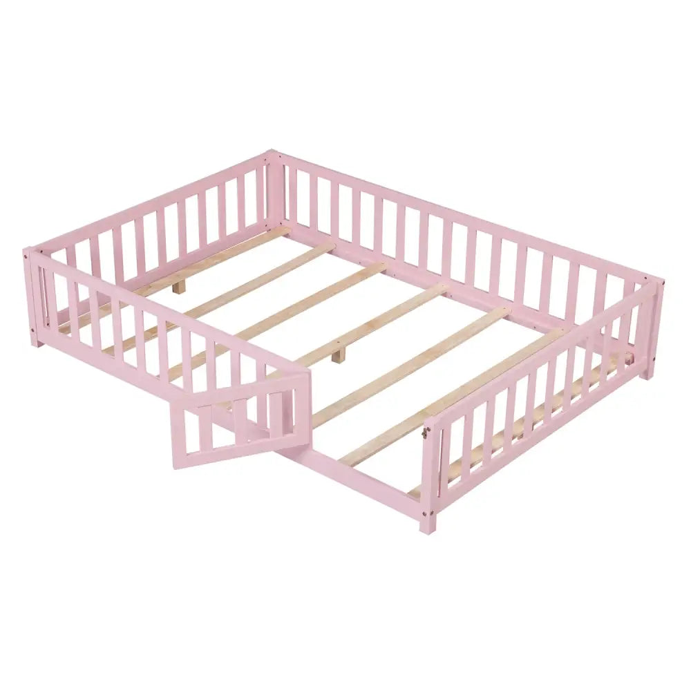 Montessori Bed Frame with Full-length Guardrails Safety Door and Latch-Pink - Pink - Toddler Beds