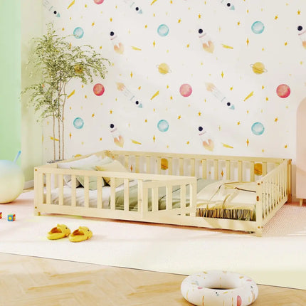 Montessori Bed Frame with Full-length Guardrails Safety Door and Latch-Natural - Natural - Toddler Beds