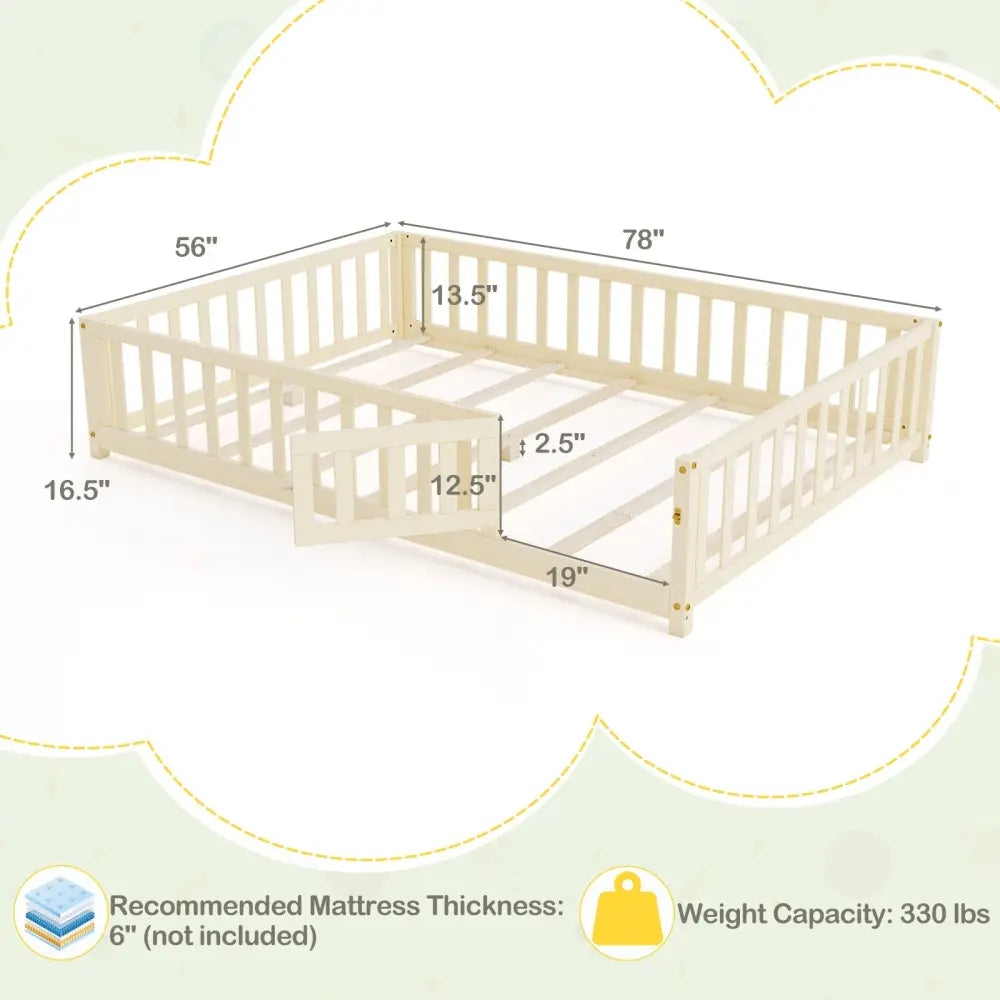 Montessori Bed Frame with Full-length Guardrails Safety Door and Latch-Natural - Natural - Toddler Beds