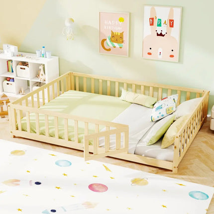 Montessori Bed Frame with Full-length Guardrails Safety Door and Latch-Natural - Natural - Toddler Beds