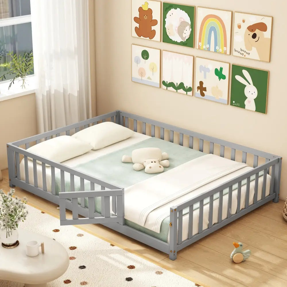 Montessori Bed Frame with Full-length Guardrails Safety Door and Latch-Gray - Gray - Toddler Beds