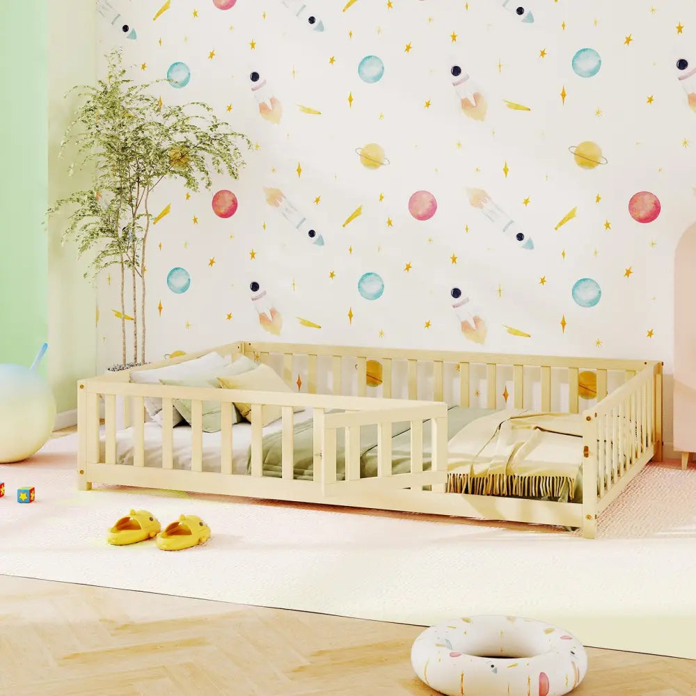 Montessori Bed Frame with Full-length Guardrails Safety Door and Latch-Natural - Natural - Toddler Beds