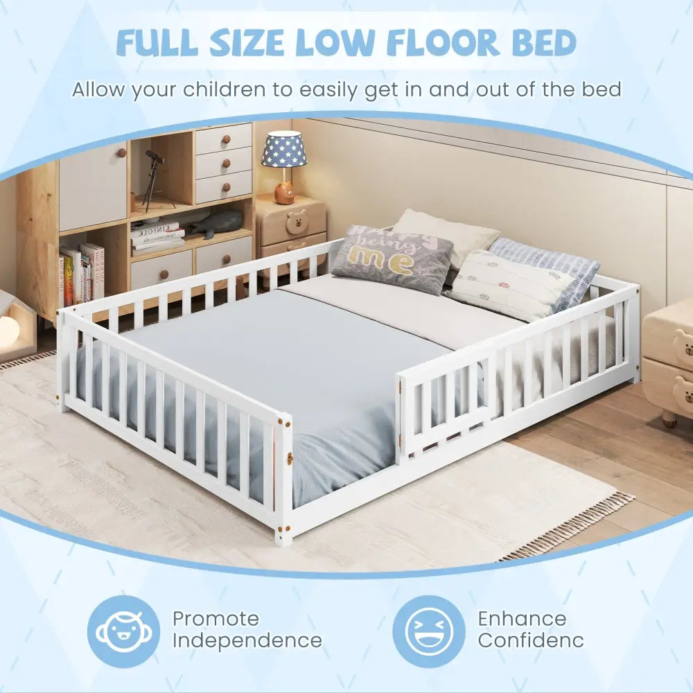 Montessori Bed Frame with Full-length Guardrails Safety Door and Latch-White - White - Toddler Beds