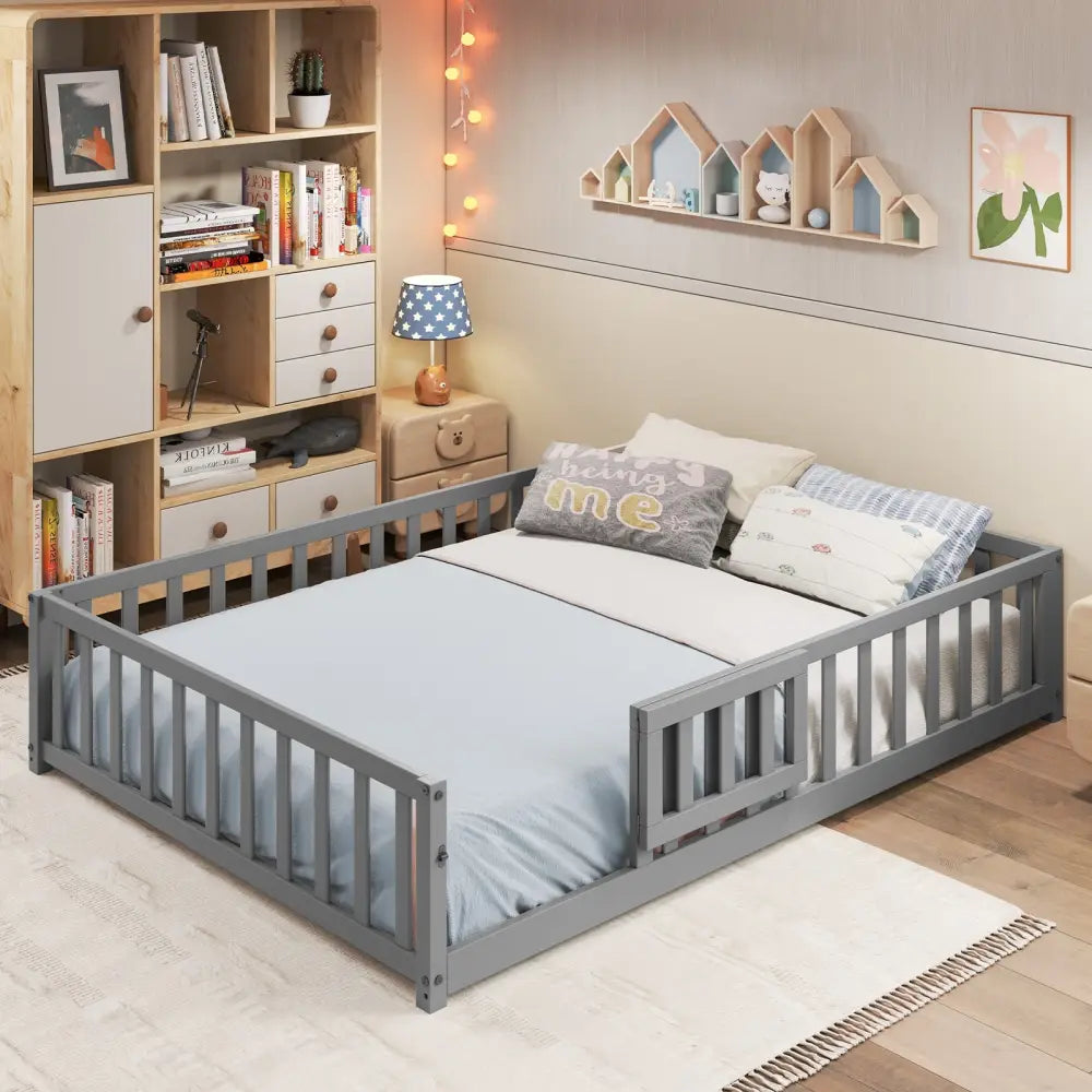 Montessori Bed Frame with Full-length Guardrails Safety Door and Latch-Gray - Gray - Toddler Beds