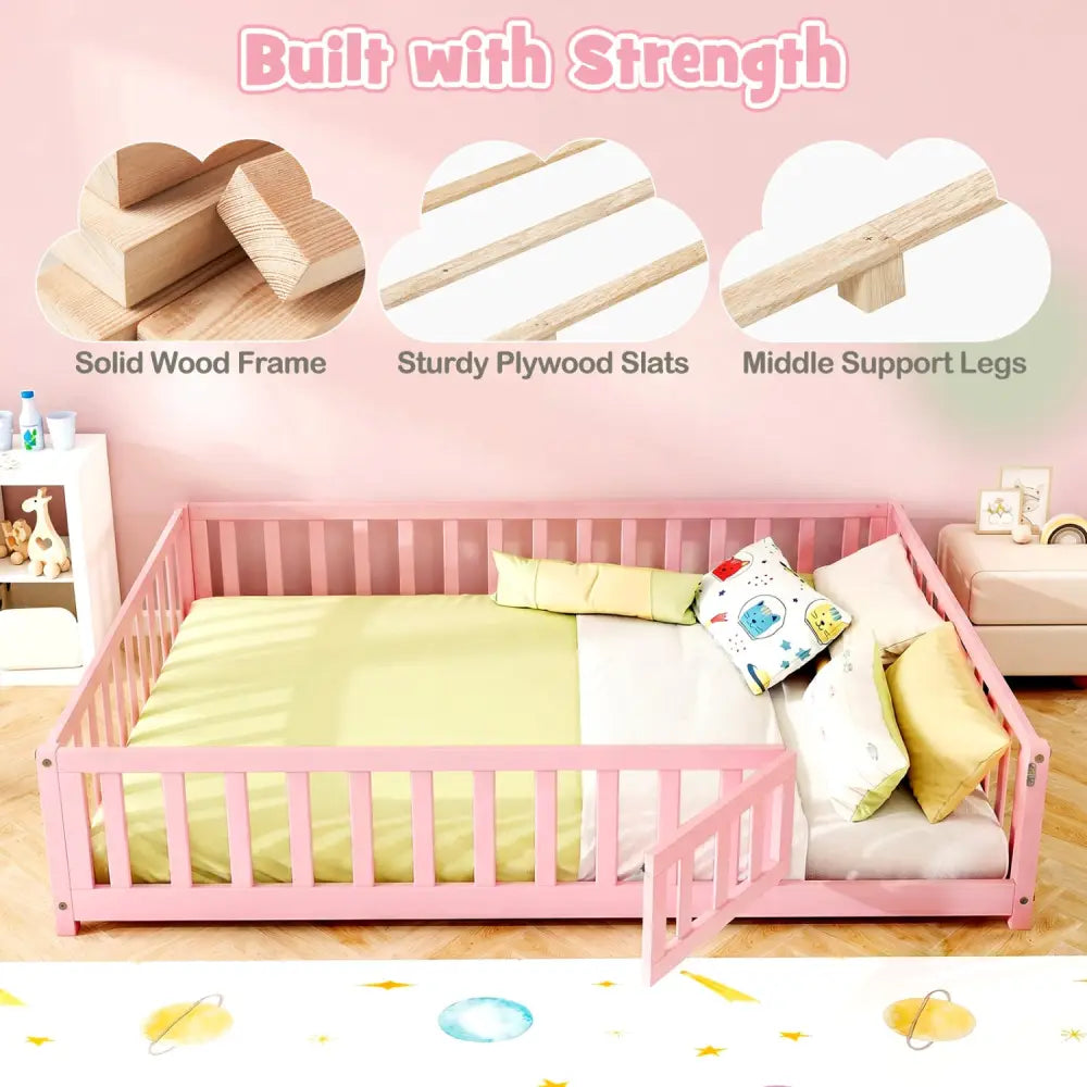 Montessori Bed Frame with Full-length Guardrails Safety Door and Latch-Pink - Pink - Toddler Beds