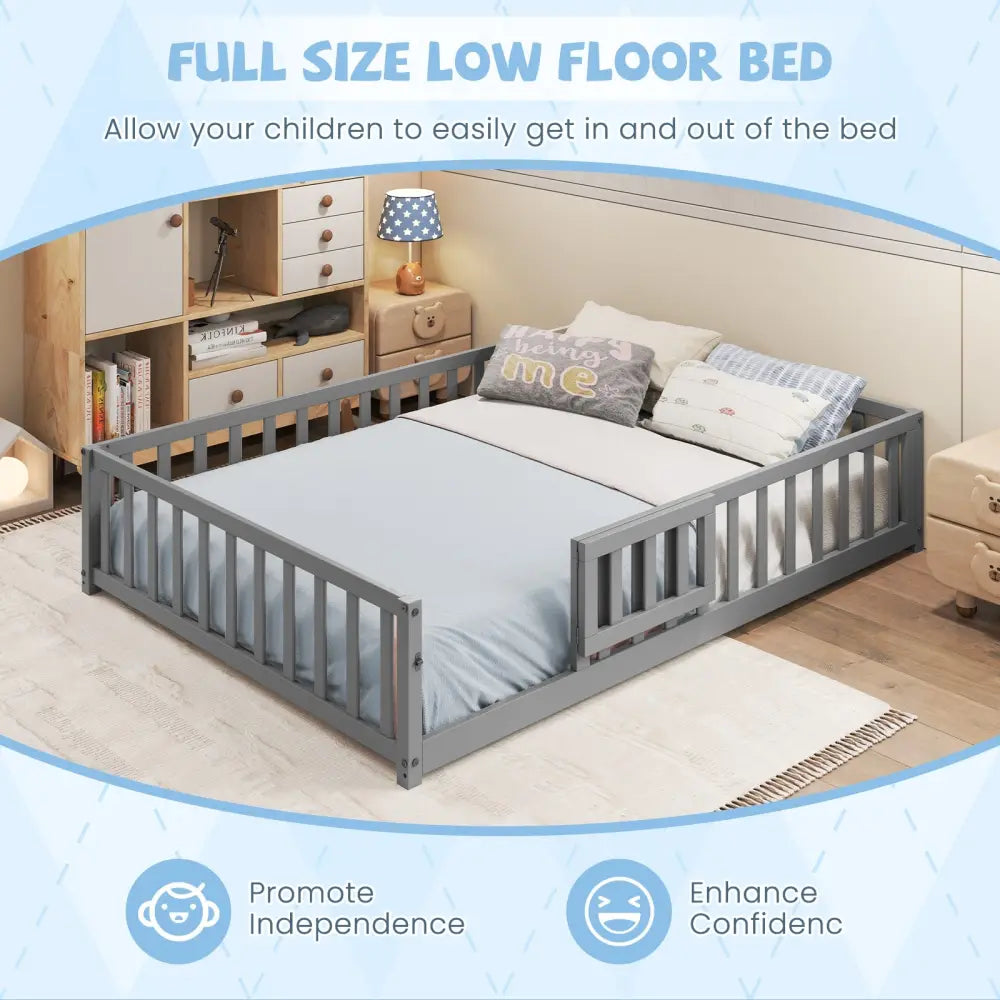 Montessori Bed Frame with Full-length Guardrails Safety Door and Latch-Gray - Gray - Toddler Beds