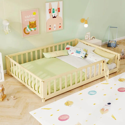 Montessori Bed Frame with Full-length Guardrails Safety Door and Latch-Natural - Natural - Toddler Beds