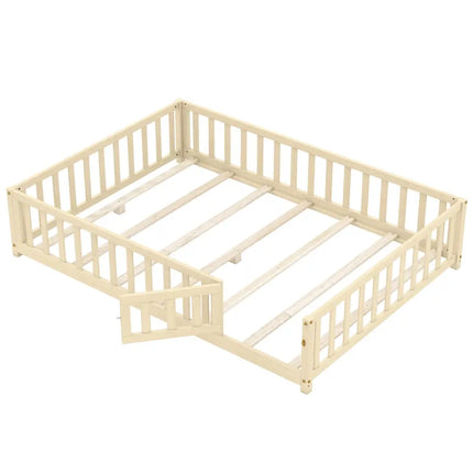 Montessori Bed Frame with Full-length Guardrails Safety Door and Latch-Natural - Natural - Toddler Beds