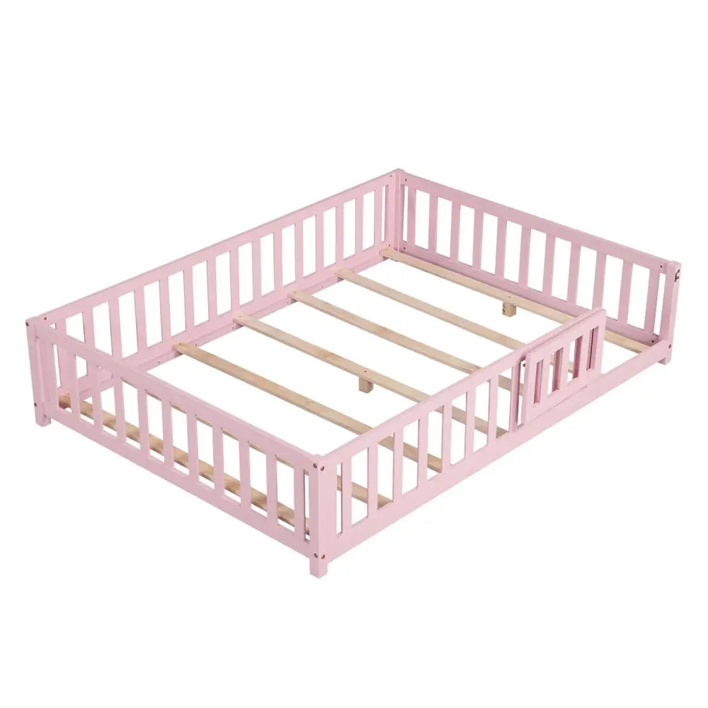 Montessori Bed Frame with Full-length Guardrails Safety Door and Latch-Pink - Pink - Toddler Beds