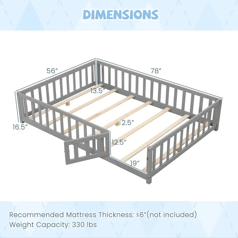 Montessori Bed Frame with Full-length Guardrails Safety Door and Latch-Gray - Gray - Toddler Beds