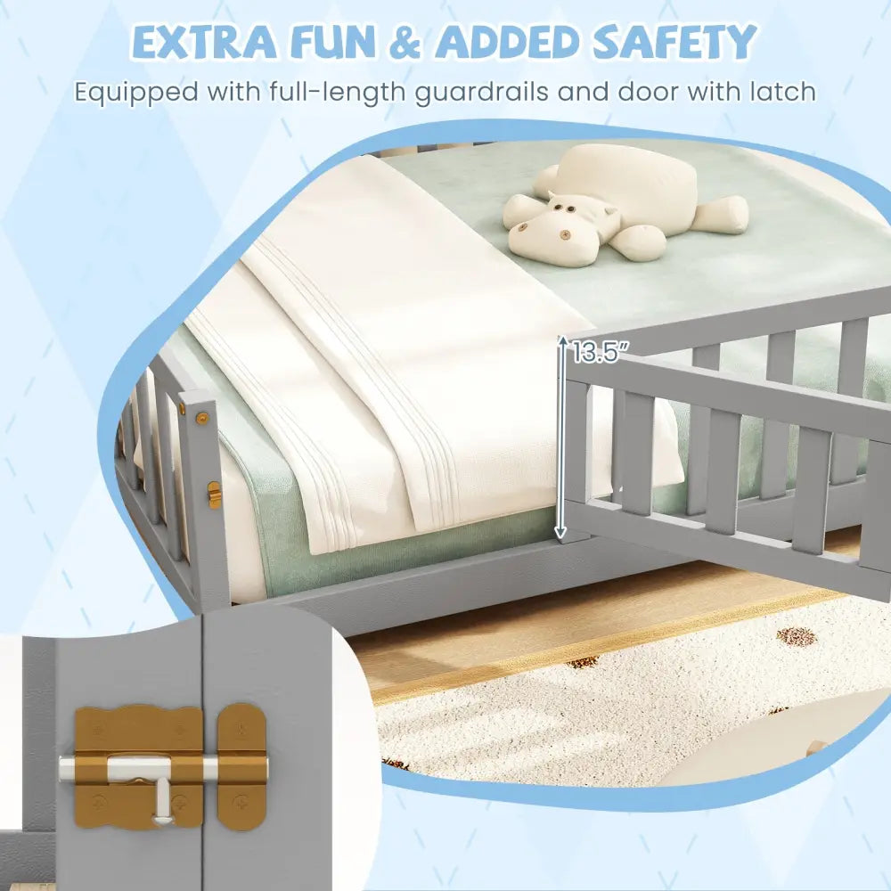 Montessori Bed Frame with Full-length Guardrails Safety Door and Latch-Gray - Gray - Toddler Beds