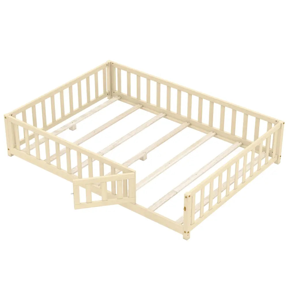 Montessori Bed Frame with Full-length Guardrails Safety Door and Latch-Natural - Natural - Toddler Beds