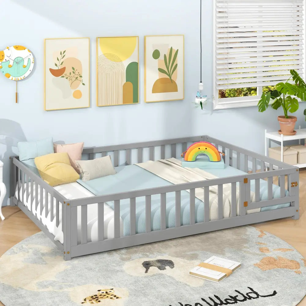 Montessori Bed Frame with Full-length Guardrails Safety Door and Latch-Gray - Gray - Toddler Beds
