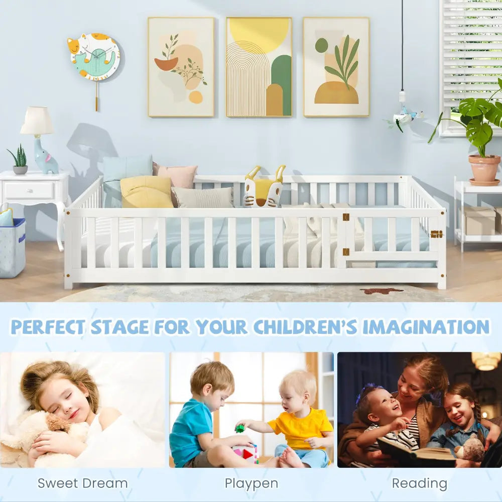 Montessori Bed Frame with Full-length Guardrails Safety Door and Latch-White - White - Toddler Beds