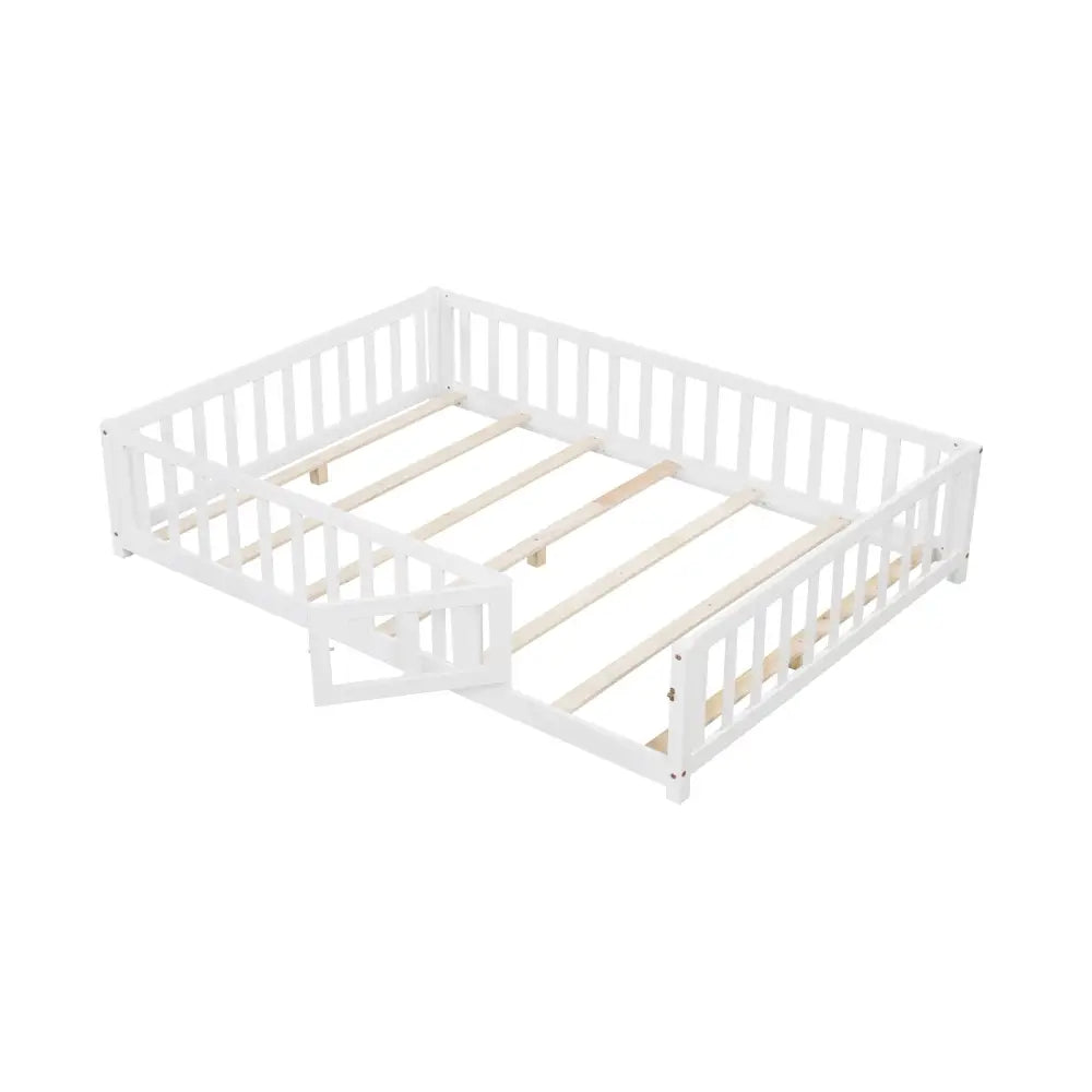 Montessori Bed Frame with Full-length Guardrails Safety Door and Latch-White - White - Toddler Beds
