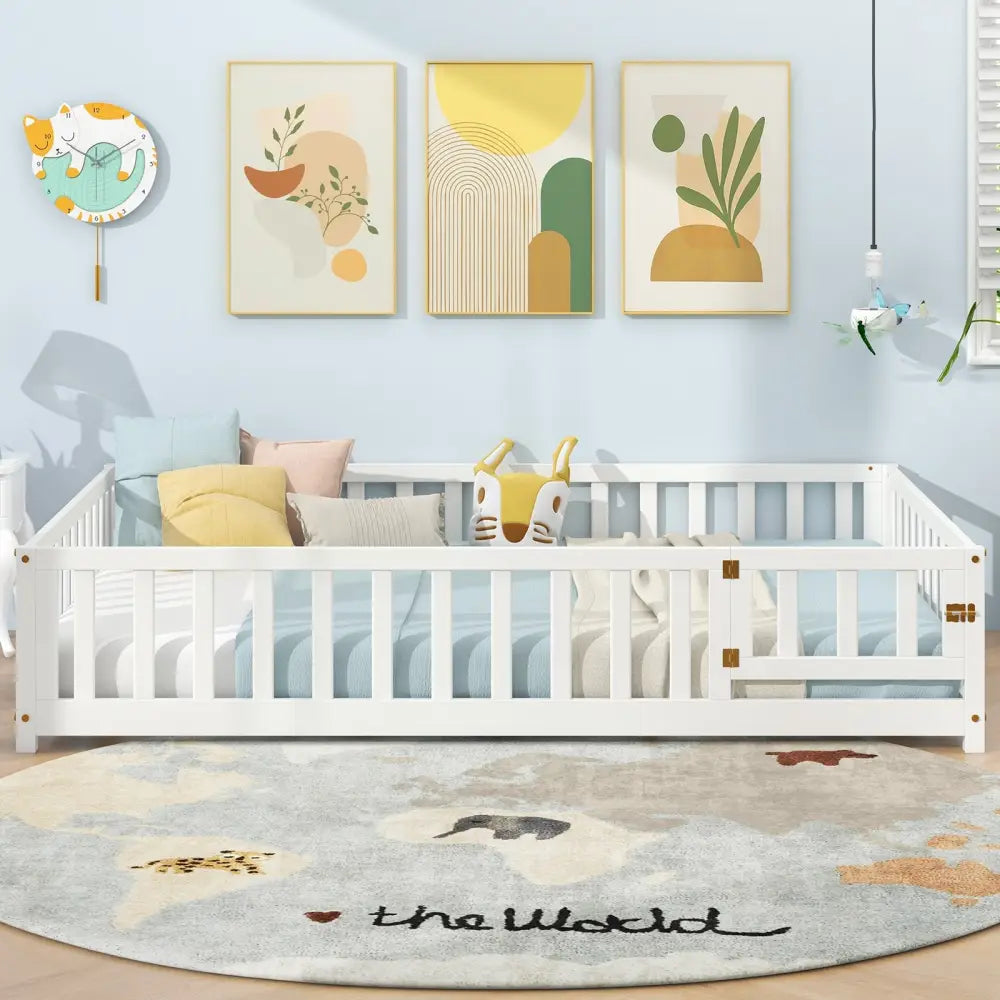 Montessori Bed Frame with Full-length Guardrails Safety Door and Latch-White - White - Toddler Beds