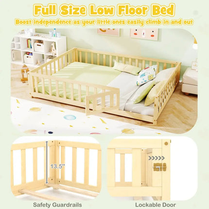 Montessori Bed Frame with Full-length Guardrails Safety Door and Latch-Natural - Natural - Toddler Beds
