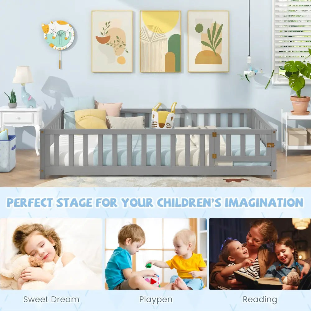 Montessori Bed Frame with Full-length Guardrails Safety Door and Latch-Gray - Gray - Toddler Beds