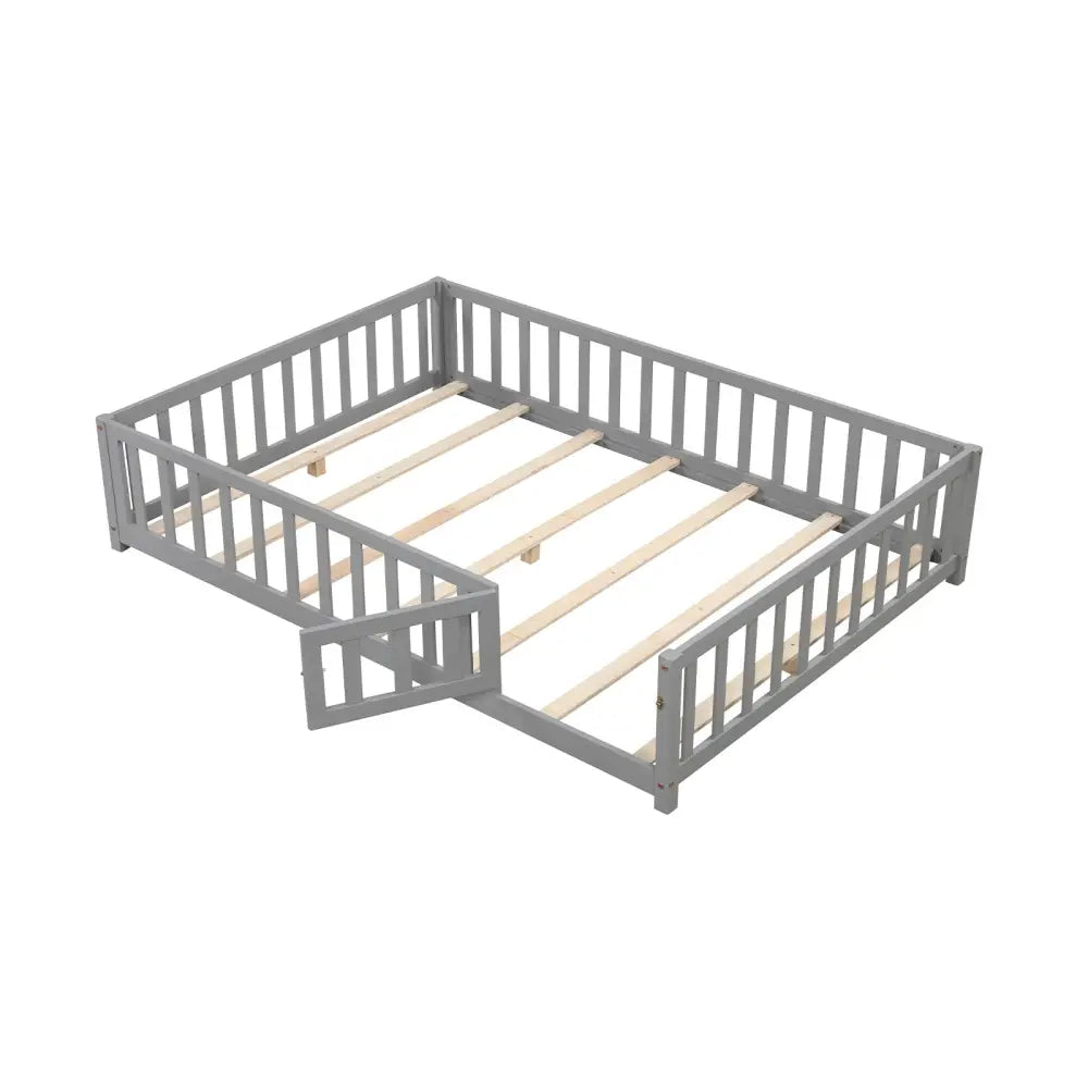 Montessori Bed Frame with Full-length Guardrails Safety Door and Latch-Gray - Gray - Toddler Beds