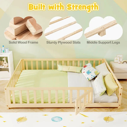 Montessori Bed Frame with Full-length Guardrails Safety Door and Latch-Natural - Natural - Toddler Beds