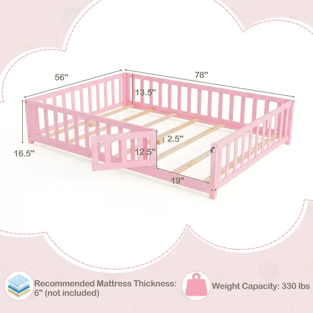 Montessori Bed Frame with Full-length Guardrails Safety Door and Latch-Pink - Pink - Toddler Beds