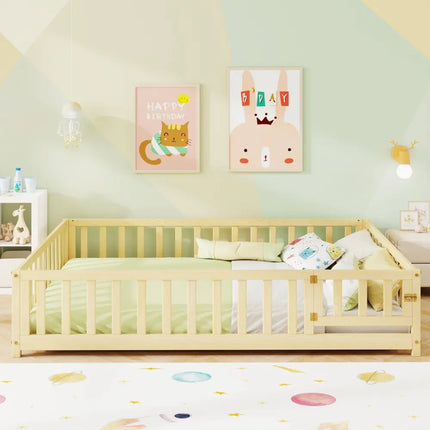 Montessori Bed Frame with Full-length Guardrails Safety Door and Latch-Natural - Natural - Toddler Beds
