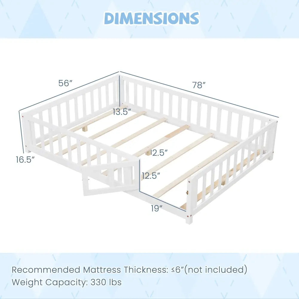Montessori Bed Frame with Full-length Guardrails Safety Door and Latch-White - White - Toddler Beds
